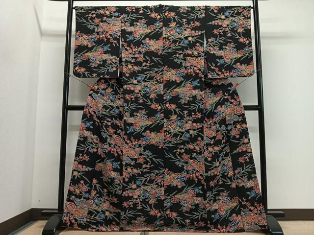 平和屋着物■上質な小紋 風景枝花文 黒地 鬼しぼ縮緬 正絹 逸品 CABN9250ua