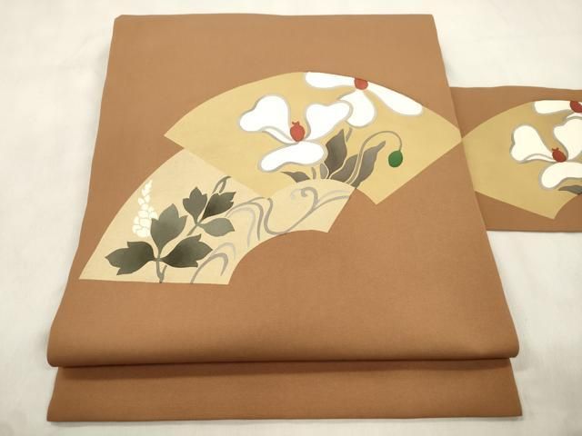 平和屋着物●塩瀬 九寸名古屋帯 地紙草花文 正絹 逸品 CABN9620dy
