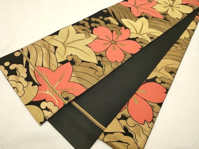 平和屋着物●織物一筋名門 織悦 全通柄 本袋帯 立波草花文 黒地 金糸 正絹 逸品 CABN9628dy
