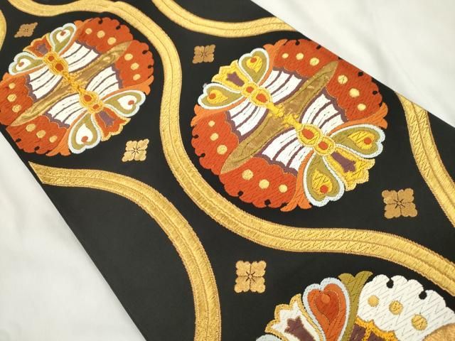 平和屋着物●西陣 河合美術織物謹製 六通柄袋帯 唐織 立涌舞蝶文 黒地 金糸 正絹 逸品 CABN9652dy