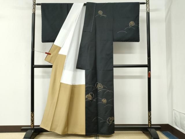 平和屋着物●中国三大刺繍 相良刺繍 総刺繍 訪問着 紬地 刺し子 芝草雪輪花文 黒地 正絹 逸品 未使用 CABO0010yc