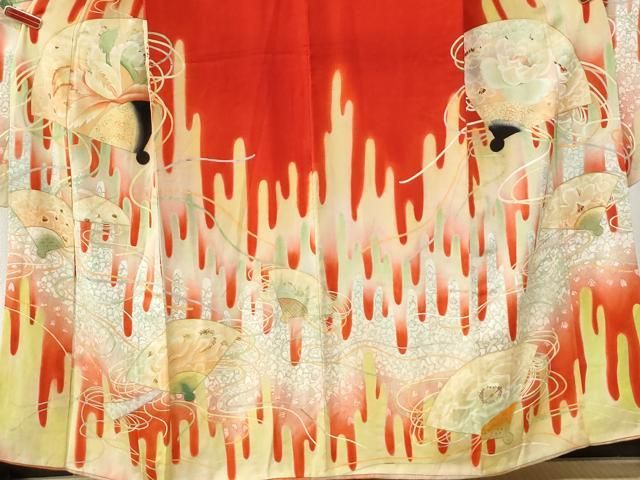 平和屋本店●アンティーク 大正ロマン 振袖 刺繍 檜扇霞草花文 暈し染め 正絹 逸品 CABO0031yc