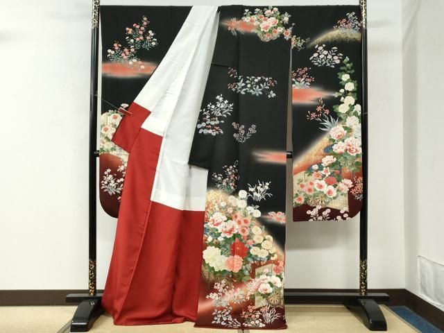 平和屋着物●豪華振袖・長襦袢セット 牡丹花車文 暈し染め 黒地 金彩 半衿刺繍 正絹 逸品 CABO0056yc