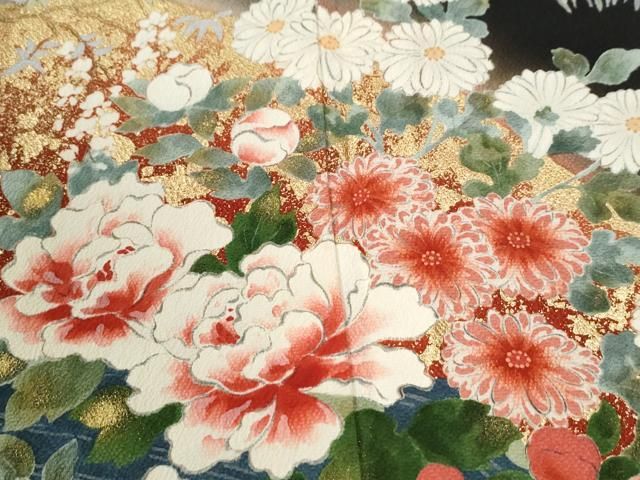 平和屋着物●豪華振袖・長襦袢セット 牡丹花車文 暈し染め 黒地 金彩 半衿刺繍 正絹 逸品 CABO0056yc