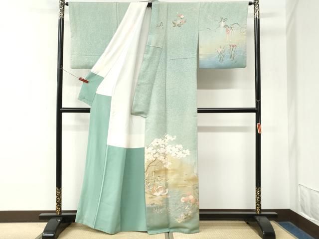 平和屋着物●訪問着 作家物 鴛鴦群鶴草花文 暈し染め 金通し地 正絹 逸品 CABO0060yc