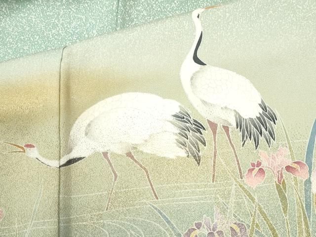 平和屋着物●訪問着 作家物 鴛鴦群鶴草花文 暈し染め 金通し地 正絹 逸品 CABO0060yc