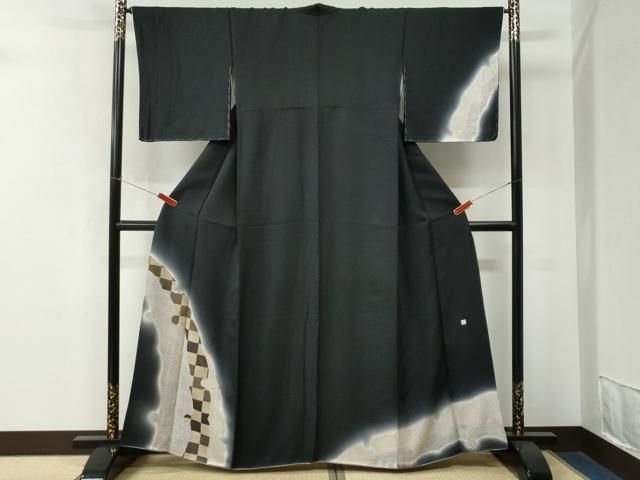 平和屋着物●訪問着 雪輪市松鹿の子吉祥文 暈し染め 黒地 無落款 正絹 逸品 未使用 CABO0118yc