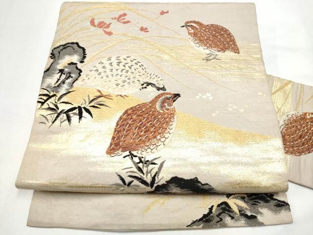 平和屋着物●アンティーク 大正ロマン 九寸名古屋帯 休み鳥 金銀糸 正絹 逸品 CABO1602hy