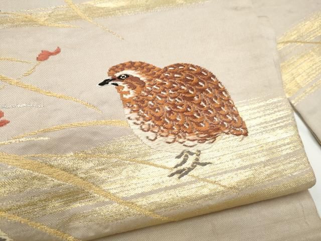 平和屋着物●アンティーク 大正ロマン 九寸名古屋帯 休み鳥 金銀糸 正絹 逸品 CABO1602hy