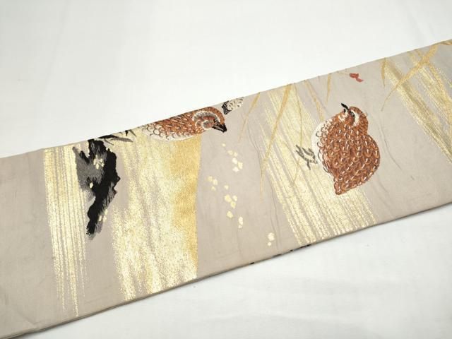 平和屋着物●アンティーク 大正ロマン 九寸名古屋帯 休み鳥 金銀糸 正絹 逸品 CABO1602hy