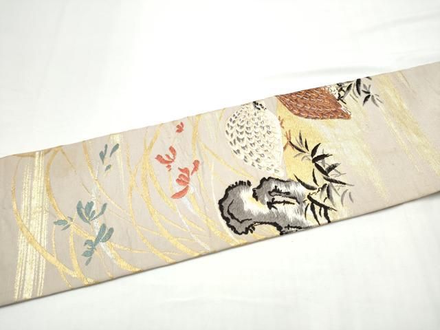 平和屋着物●アンティーク 大正ロマン 九寸名古屋帯 休み鳥 金銀糸 正絹 逸品 CABO1602hy