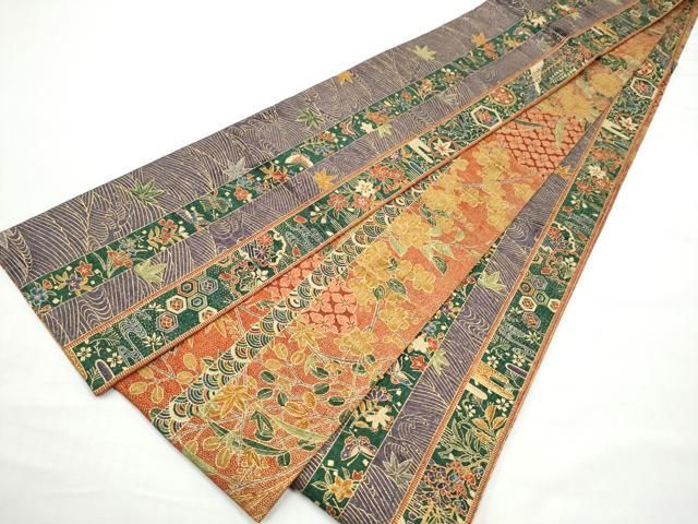 平和屋着物●両面 半幅帯 紬地 草花文 正絹 逸品 CABO1615hy