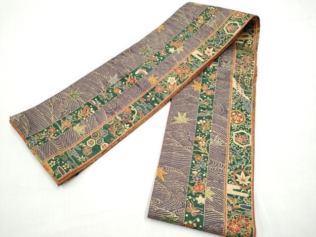 平和屋着物●両面 半幅帯 紬地 草花文 正絹 逸品 CABO1615hy