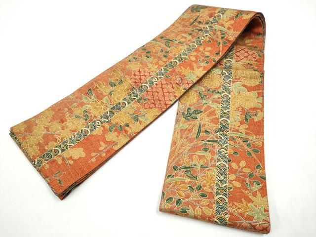 平和屋着物●両面 半幅帯 紬地 草花文 正絹 逸品 CABO1615hy
