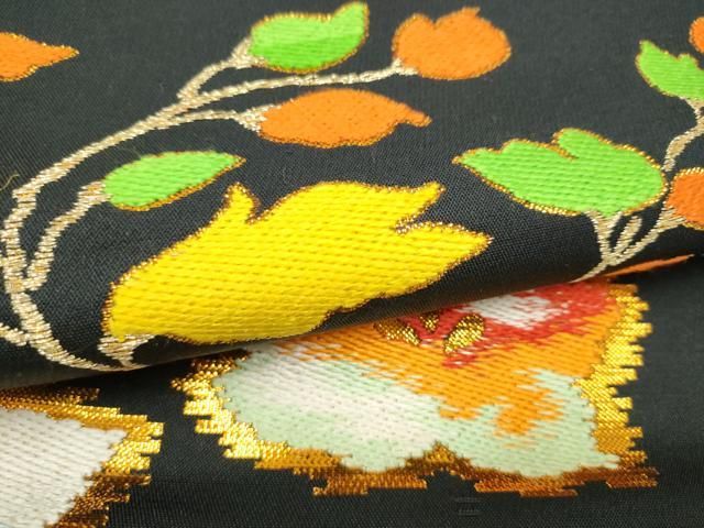 平和屋着物●六通柄袋帯 草花文 黒地 金糸 正絹 逸品 CABO1643hy