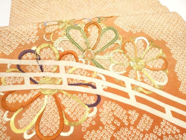 平和屋着物●アンティーク 大正ロマン 六通柄袋帯 絞り 駒刺繍 渡橋舞花文 正絹 逸品 CABO1664hy