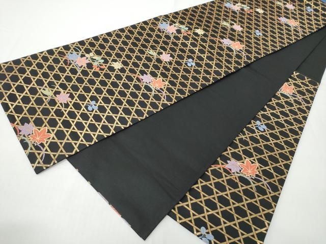 平和屋着物●ファッションデザイナー 花井幸子 六通柄袋帯 篭目舞葉文 黒地 金糸 正絹 逸品 CABO1674hy