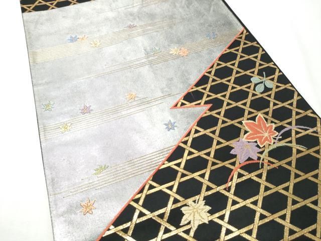 平和屋着物●ファッションデザイナー 花井幸子 六通柄袋帯 篭目舞葉文 黒地 金糸 正絹 逸品 CABO1674hy