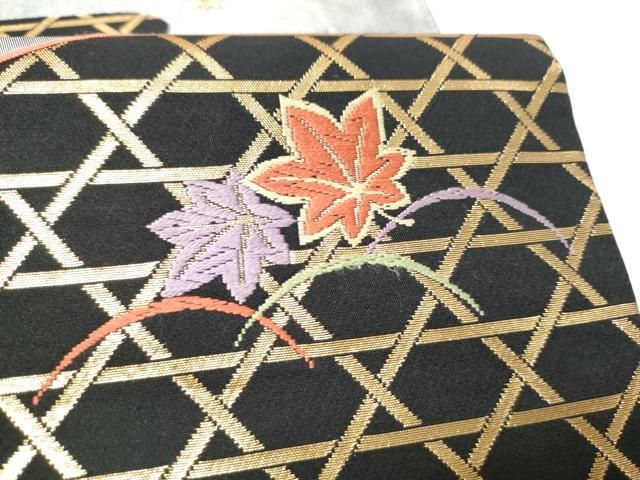 平和屋着物●ファッションデザイナー 花井幸子 六通柄袋帯 篭目舞葉文 黒地 金糸 正絹 逸品 CABO1674hy