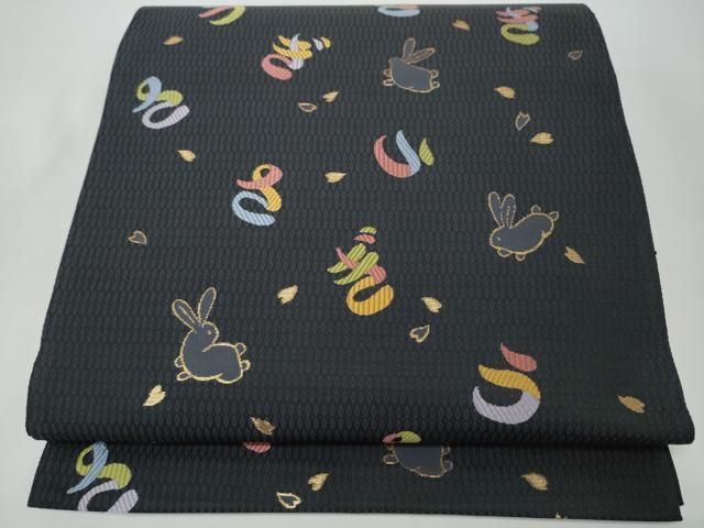 平和屋着物●六通柄袋帯 兎 黒地 金糸 正絹 逸品 CABO1677hy