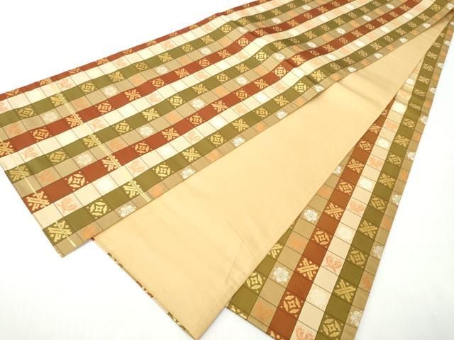 平和屋着物●全通柄袋帯 市松花文 金糸 正絹 逸品 CABO1690hy