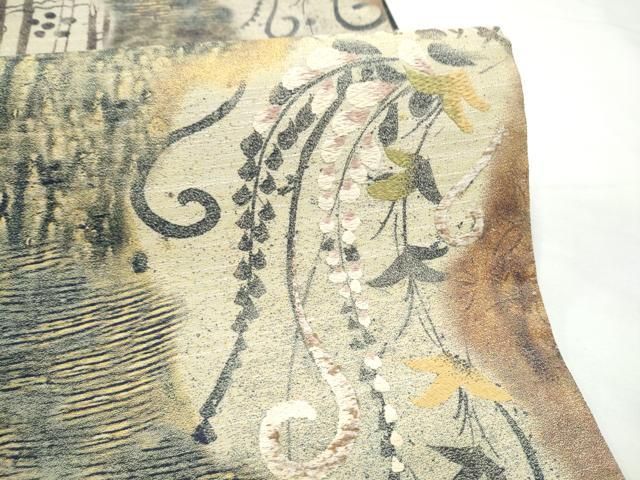 平和屋着物●西陣 とみや織物謹製 とみや帯 両面 全通柄袋帯 刺繍 点描織 枝垂れ花文 証紙付き 正絹 逸品 CABO1739hy