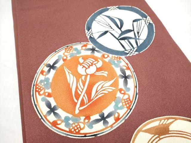 平和屋着物●太鼓柄袋帯 型染め 絵皿花文 正絹 逸品 CABO1741hy