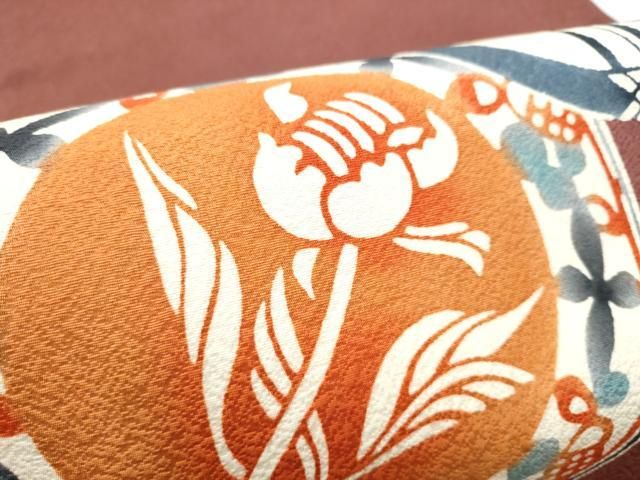 平和屋着物●太鼓柄袋帯 型染め 絵皿花文 正絹 逸品 CABO1741hy