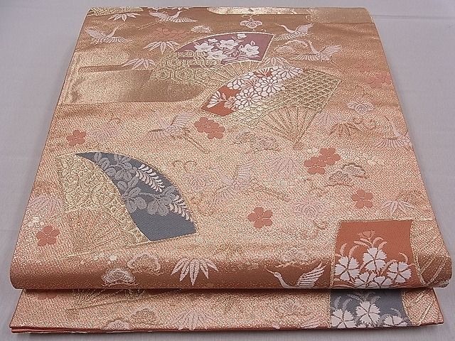 平和屋着物■六通柄袋帯 唐織 エ霞扇面飛鶴花文 金糸 逸品 ch2917