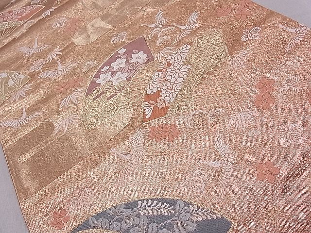 平和屋着物■六通柄袋帯 唐織 エ霞扇面飛鶴花文 金糸 逸品 ch2917