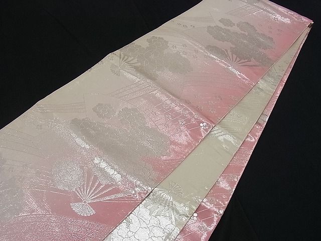 平和屋着物■両面 全通柄袋帯 扇面花文 銀糸 逸品 n-ck1085