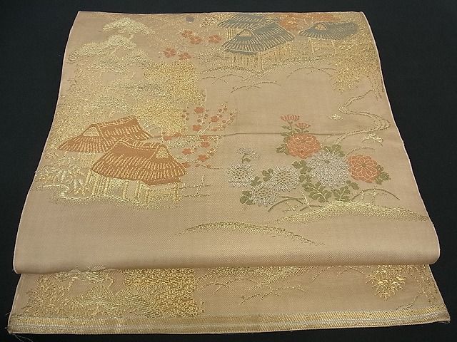 平和屋着物■アンティーク 大正ロマン 六通柄 本袋帯 風景文 金糸 逸品 cm1928