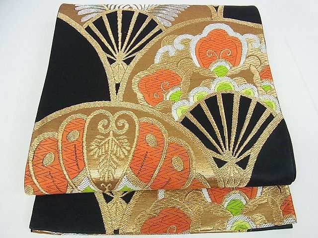 平和屋着物■六通柄袋帯 扇面花文 黒地 金銀糸 逸品 cm2445