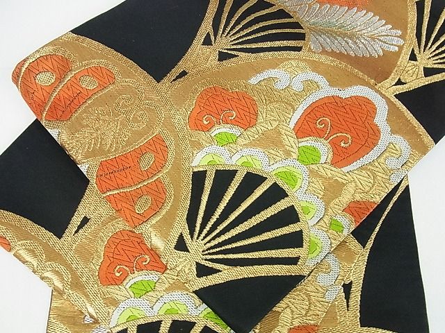 平和屋着物■六通柄袋帯 扇面花文 黒地 金銀糸 逸品 cm2445