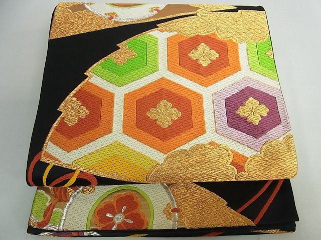 平和屋着物■六通柄袋帯 唐織 鼓亀甲花文 黒地 金糸 逸品 cm2539