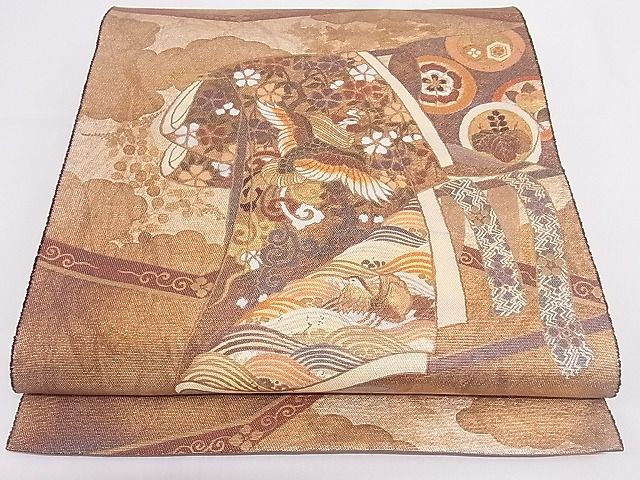 平和屋着物■太鼓柄袋帯 鳳凰花文 金彩 引箔 正絹 逸品 B-cy4515