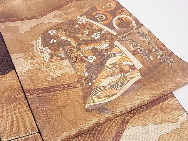 平和屋着物■太鼓柄袋帯 鳳凰花文 金彩 引箔 正絹 逸品 B-cy4515
