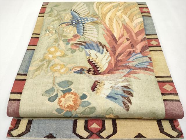平和屋本店■極上 手織綴れ 山鹿清華 太鼓柄袋帯 花喰い鳥 金糸 逸品 CYAA0929s5