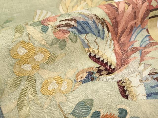 平和屋本店■極上 手織綴れ 山鹿清華 太鼓柄袋帯 花喰い鳥 金糸 逸品 CYAA0929s5