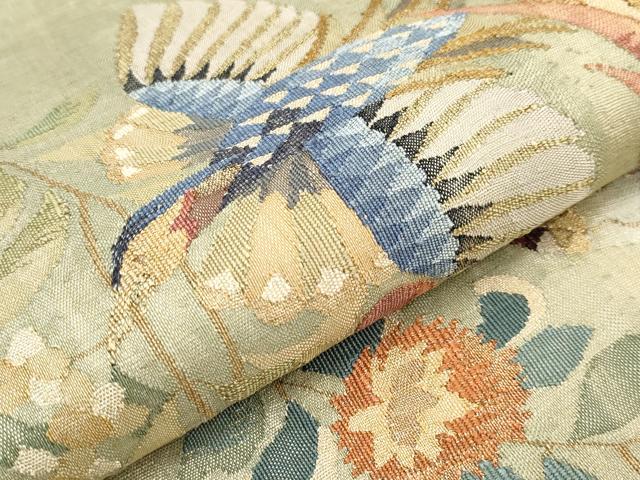 平和屋本店■極上 手織綴れ 山鹿清華 太鼓柄袋帯 花喰い鳥 金糸 逸品 CYAA0929s5