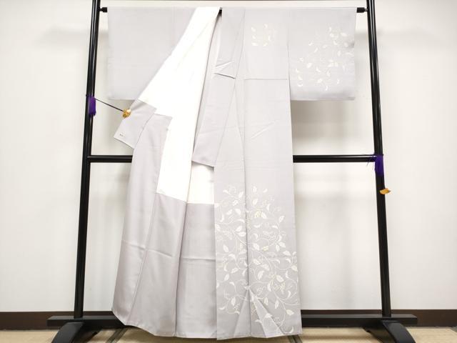 平和屋本店●極上 きもの志麻 岩下志麻ブランド 訪問着 駒刺繍 葡萄蔦の葉文 金彩 三越扱い 牡丹鼠色地 逸品 CYAA0983s5
