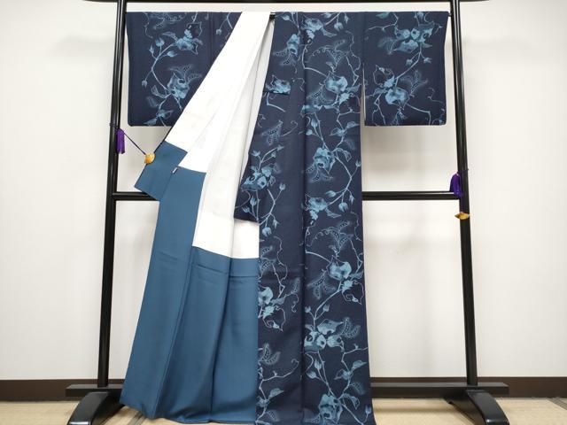 平和屋本店■極上 お召 阿波藍天然染 伊藤若冲 若冲草花譜 隠元豆図 外山良治 浅井正文 証紙付 ますいわ屋扱 逸品 CYAA1001s5