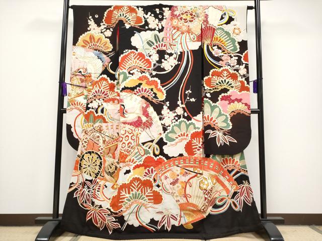 平和屋本店■極上 アンティーク 大正ロマン 振袖 相良刺繍 駒刺繍 檜扇御所車飛鶴花文 黒地 金彩 逸品 CYAA1019s5
