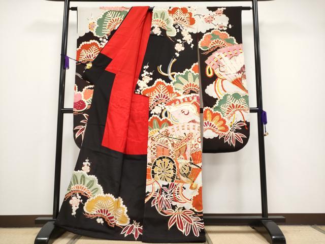 平和屋本店■極上 アンティーク 大正ロマン 振袖 相良刺繍 駒刺繍 檜扇御所車飛鶴花文 黒地 金彩 逸品 CYAA1019s5