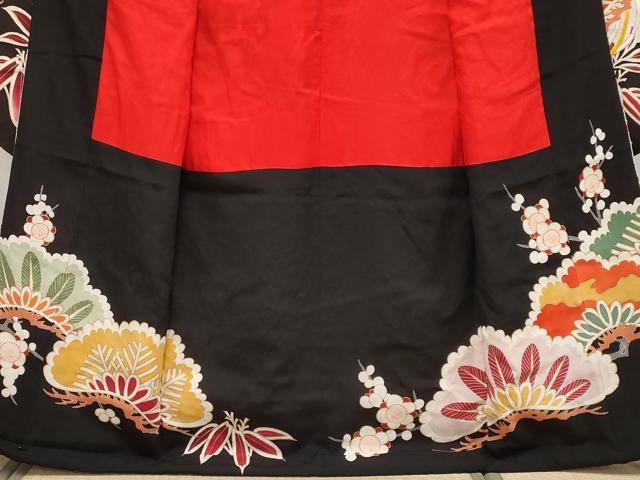 平和屋本店■極上 アンティーク 大正ロマン 振袖 相良刺繍 駒刺繍 檜扇御所車飛鶴花文 黒地 金彩 逸品 CYAA1019s5
