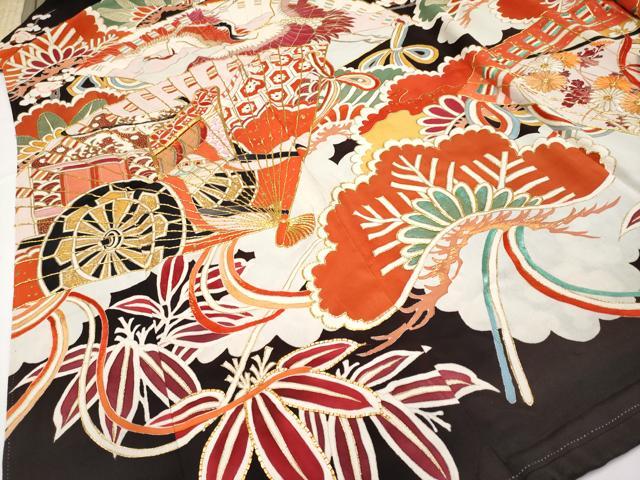 平和屋本店■極上 アンティーク 大正ロマン 振袖 相良刺繍 駒刺繍 檜扇御所車飛鶴花文 黒地 金彩 逸品 CYAA1019s5
