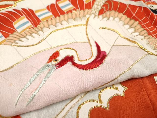平和屋本店■極上 アンティーク 大正ロマン 振袖 相良刺繍 駒刺繍 檜扇御所車飛鶴花文 黒地 金彩 逸品 CYAA1019s5