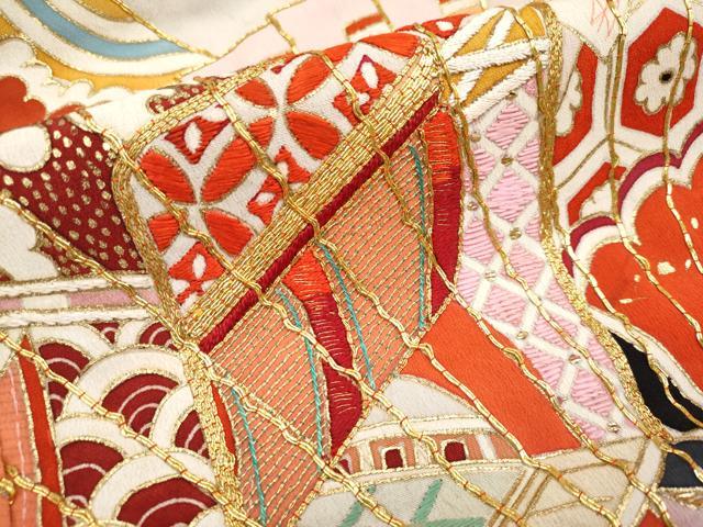 平和屋本店■極上 アンティーク 大正ロマン 振袖 相良刺繍 駒刺繍 檜扇御所車飛鶴花文 黒地 金彩 逸品 CYAA1019s5