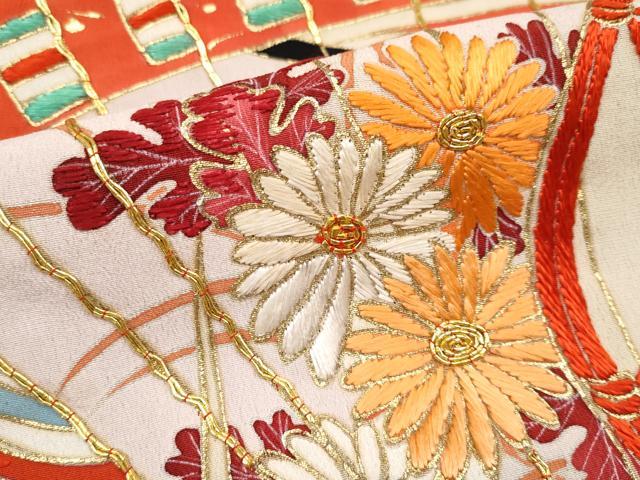 平和屋本店■極上 アンティーク 大正ロマン 振袖 相良刺繍 駒刺繍 檜扇御所車飛鶴花文 黒地 金彩 逸品 CYAA1019s5