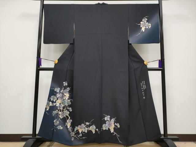 平和屋本店●極上 金彩友禅 卓越技能者・名工・和田光正 訪問着 葡萄蔦の葉文 金銀彩 黒地 逸品 CYAA1037s5